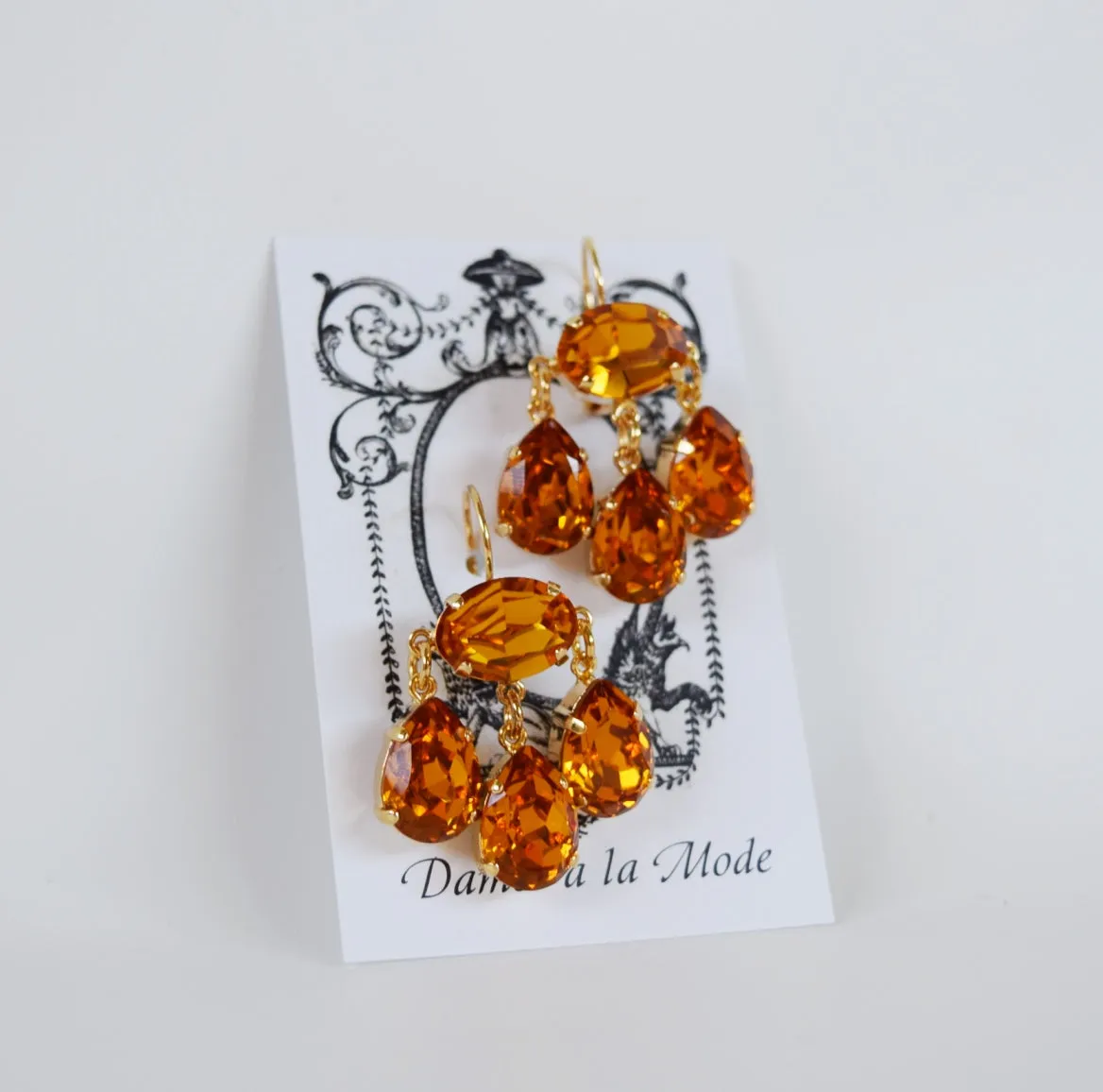 Girandole Earrings - Large Pear Swarovski Orange Topaz