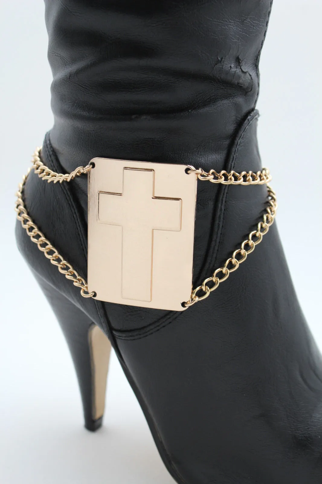 Gold Metal Boot Chain Links Bracelet Big Cross Plate Anklet Shoe Charm