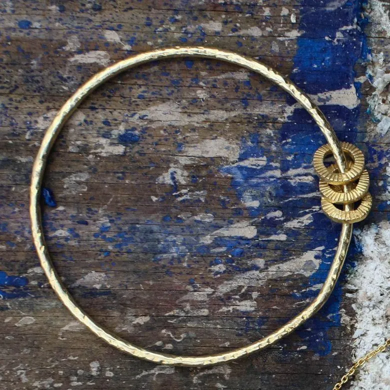 Gold Plated Hammered Bangle with Hoop Charms