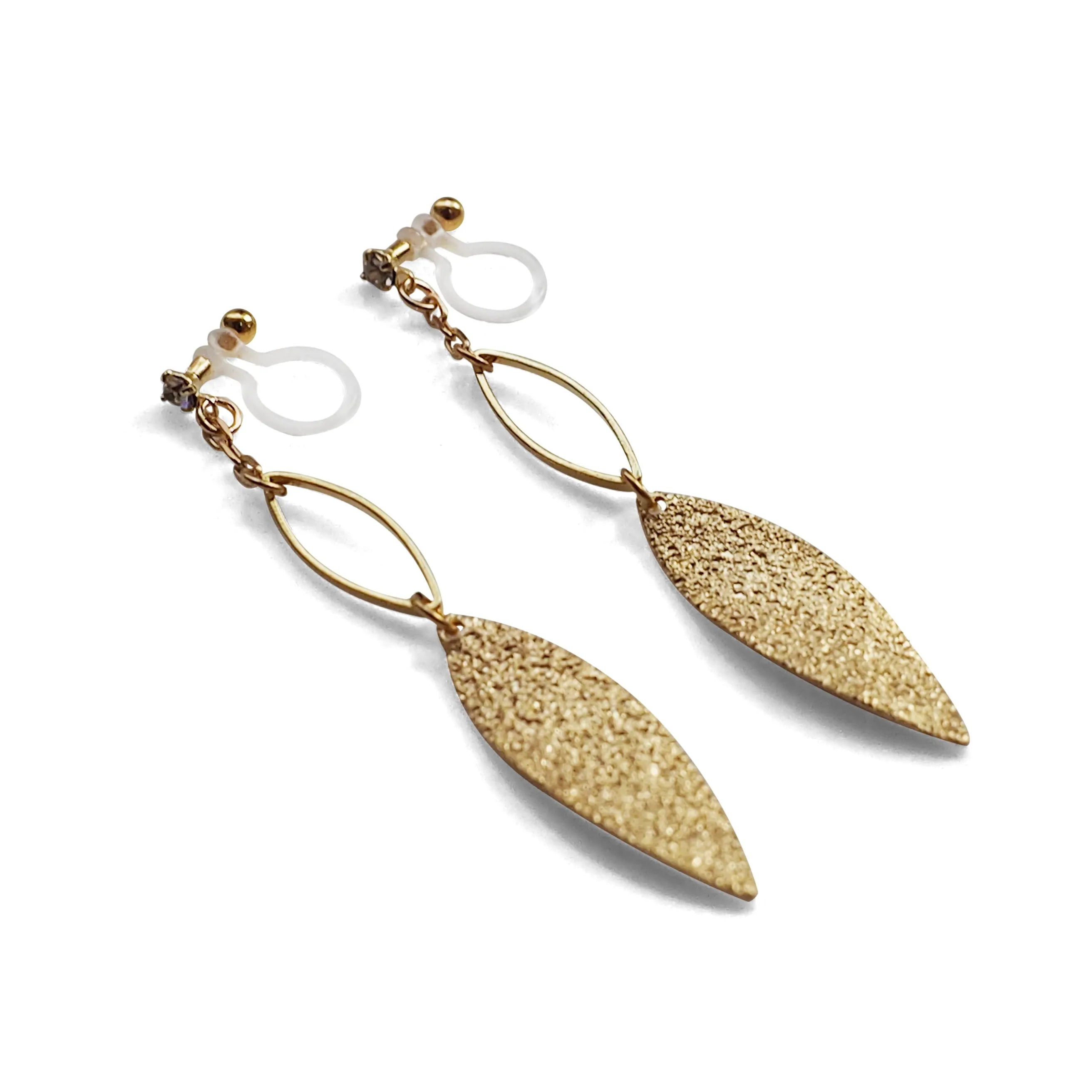 Gold textured metallic leaf invisible clip on earrings