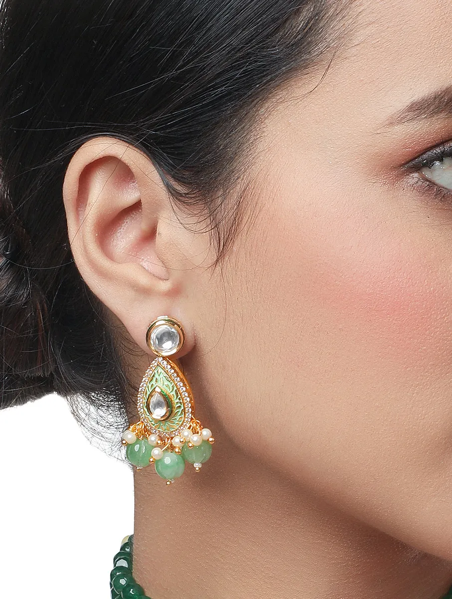 Golden and Mint Green Kundan Polki Earrings