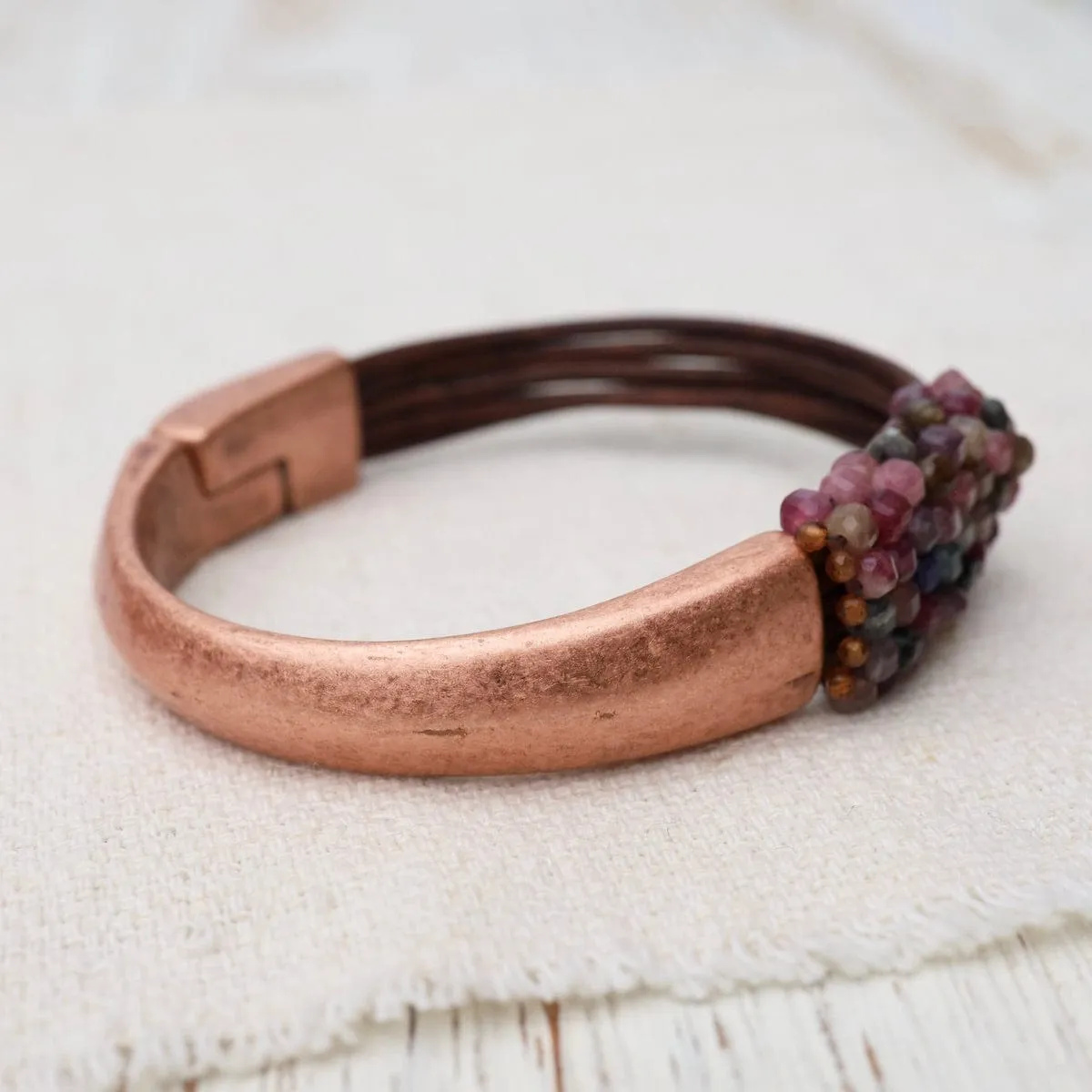 Hand Stitched Tourmaline Cubes with Hessonite Garnet Trim & Leather Bracelet