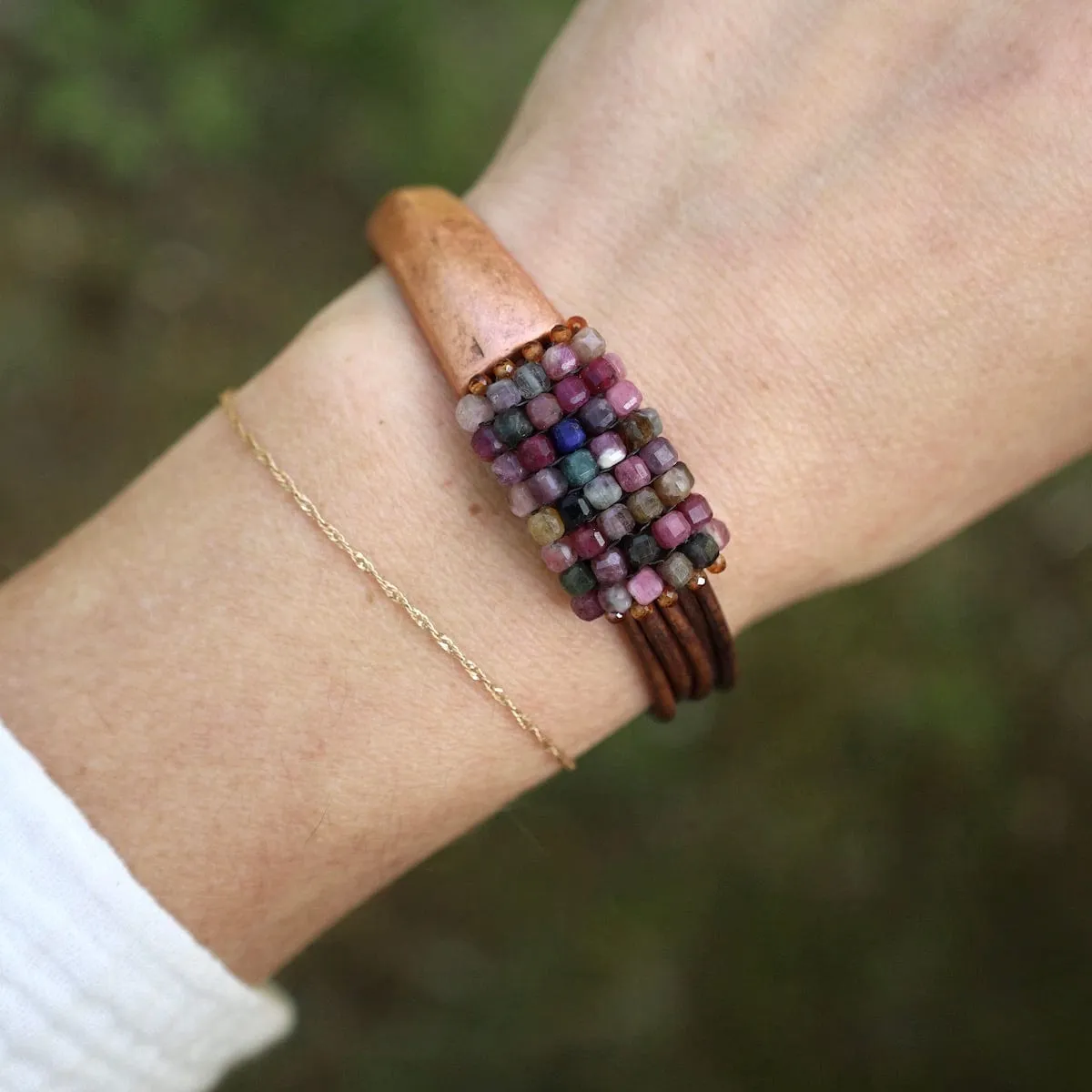 Hand Stitched Tourmaline Cubes with Hessonite Garnet Trim & Leather Bracelet