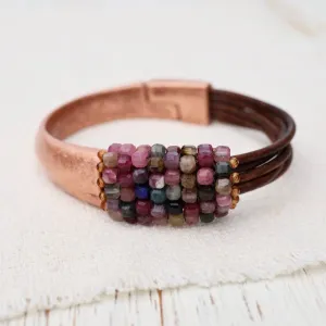 Hand Stitched Tourmaline Cubes with Hessonite Garnet Trim & Leather Bracelet