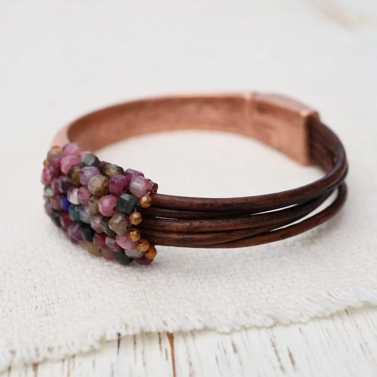 Hand Stitched Tourmaline Cubes with Hessonite Garnet Trim & Leather Bracelet