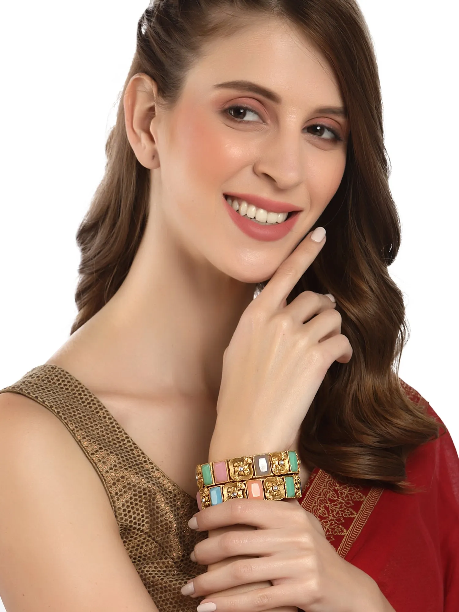 Karatcart Antique Gold Plated Rajwadi Temple Bangle Set for Women