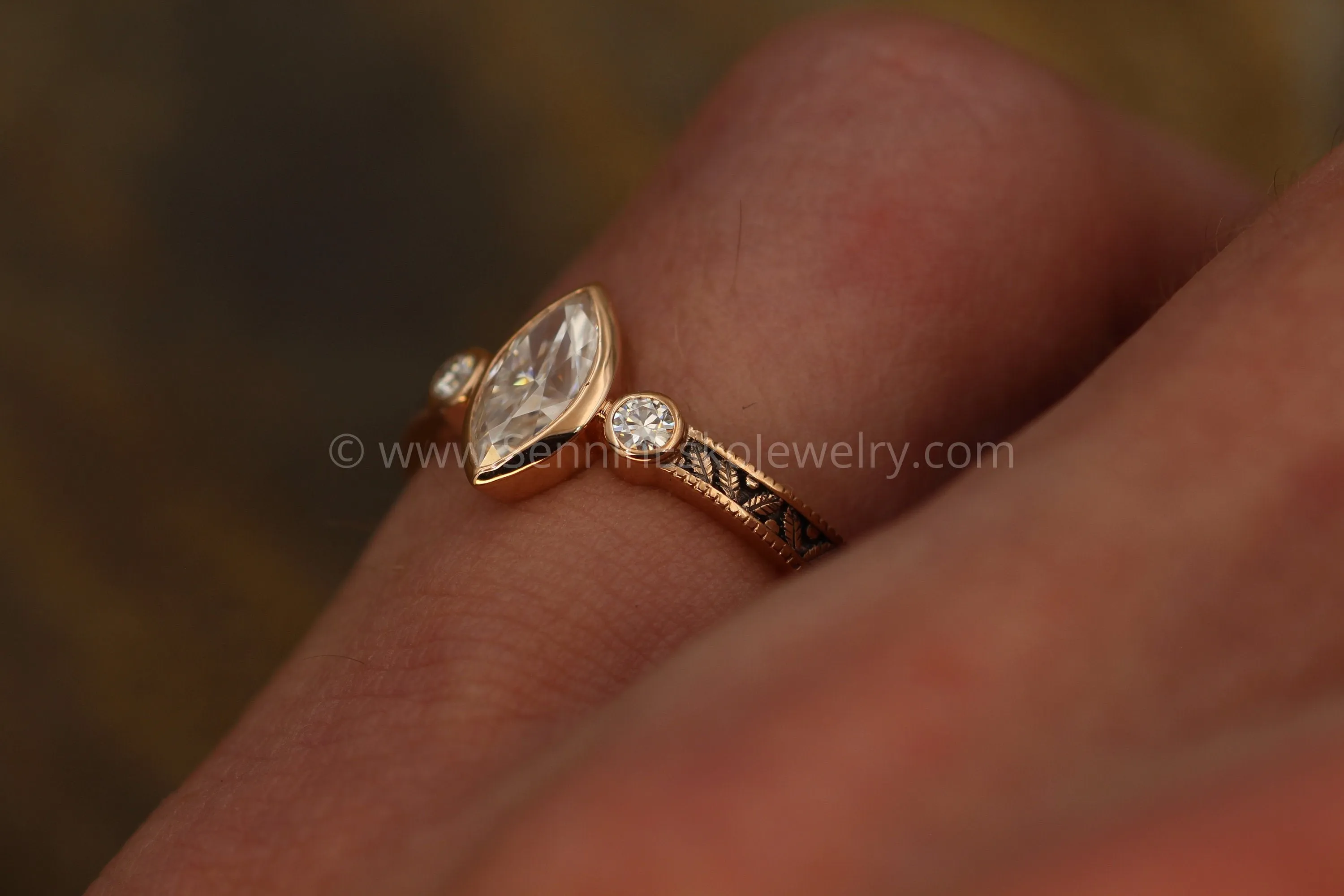 Moissanite Rose Gold Hand Made Vintage Engagement Ring - Marquise Ring