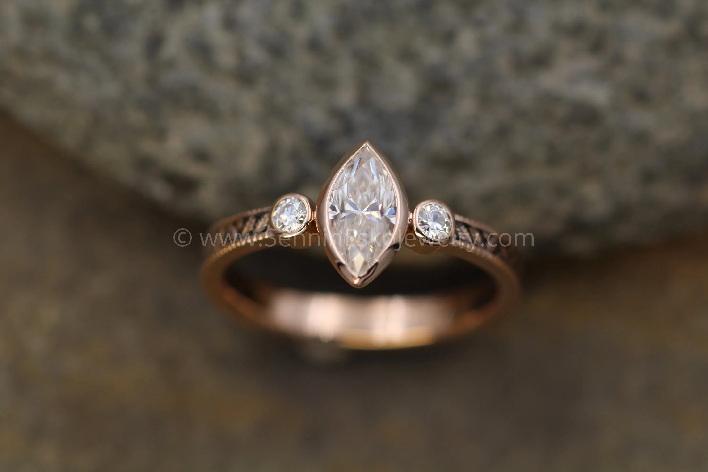 Moissanite Rose Gold Hand Made Vintage Engagement Ring - Marquise Ring