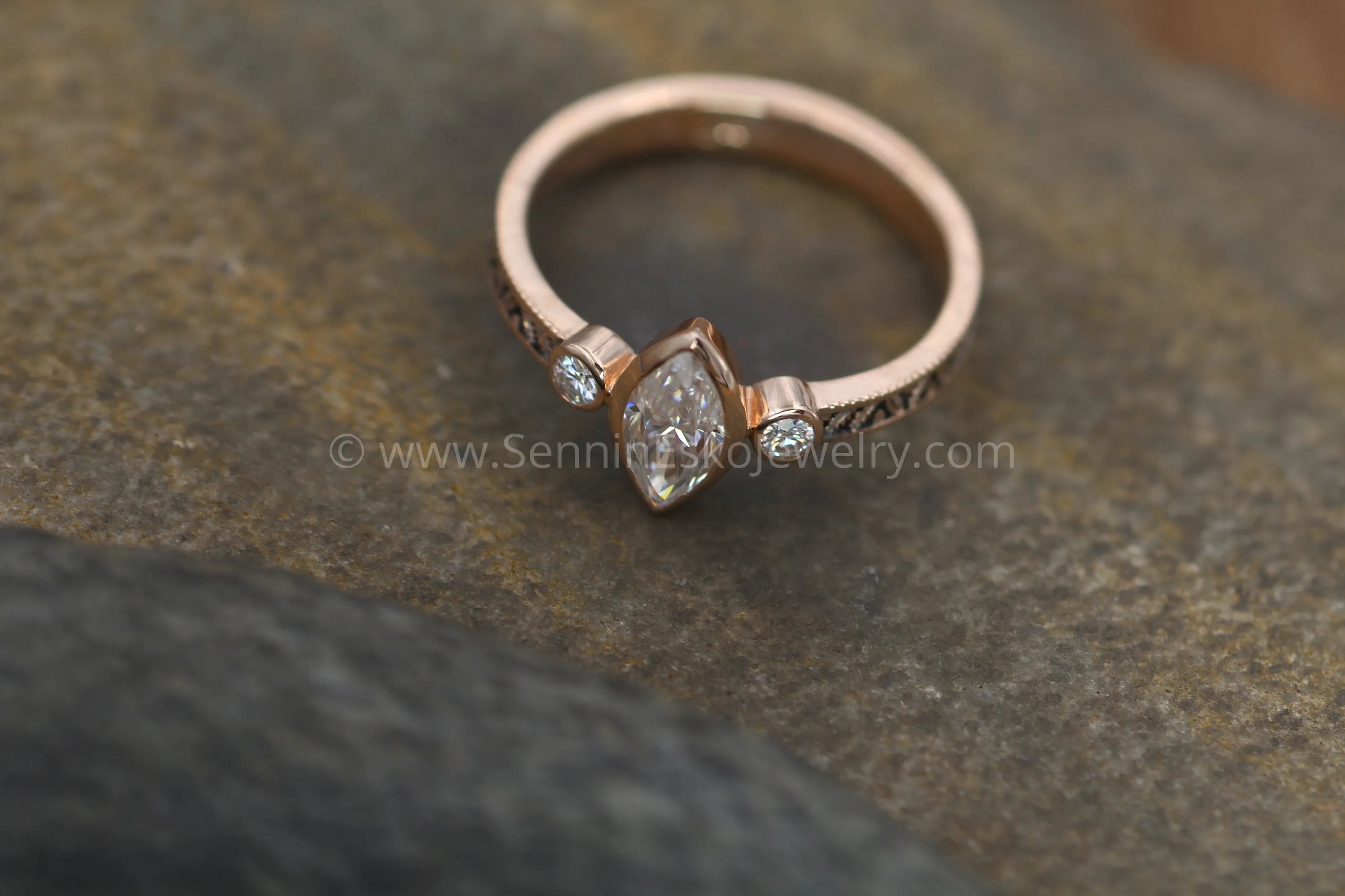 Moissanite Rose Gold Hand Made Vintage Engagement Ring - Marquise Ring