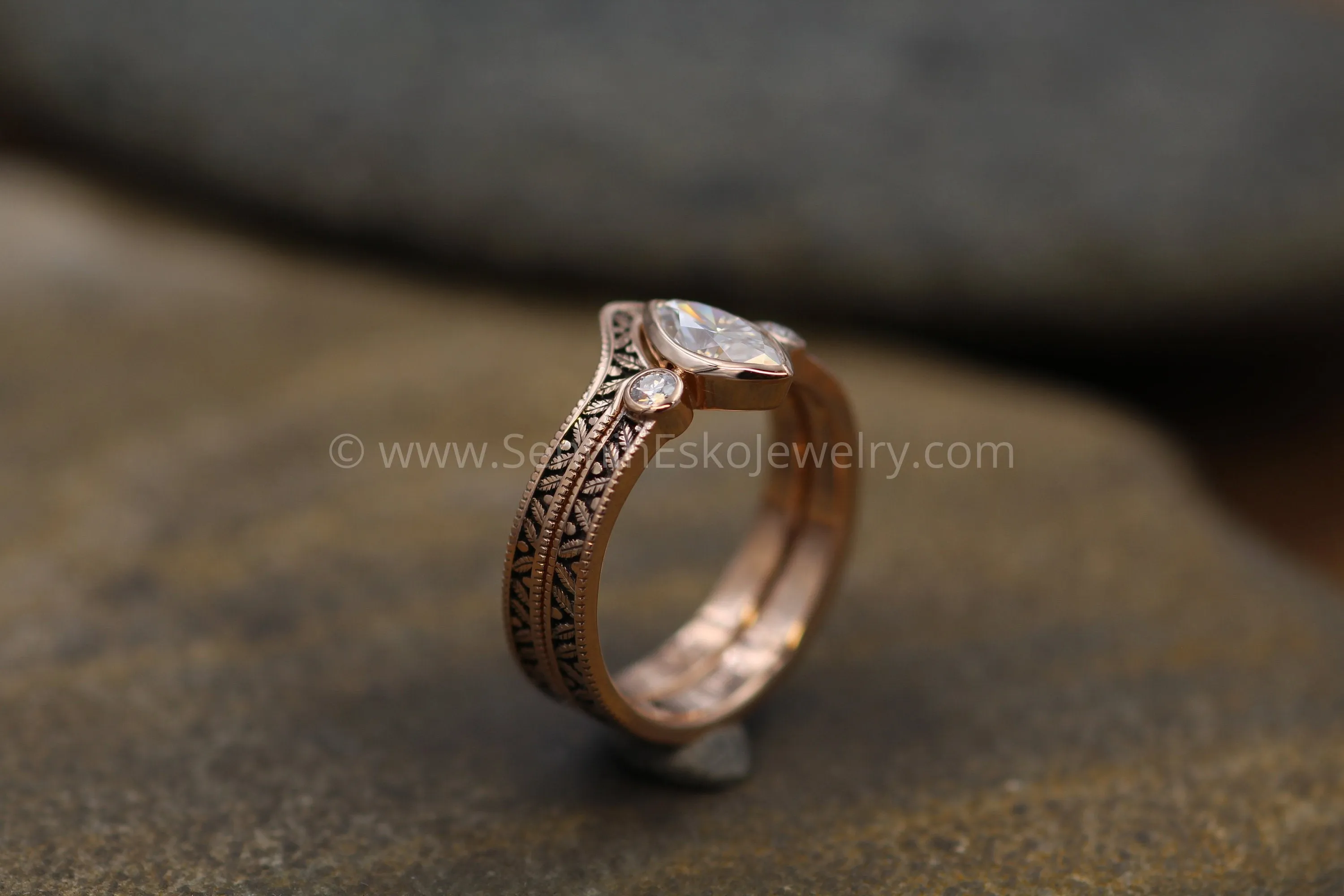 Moissanite Rose Gold Hand Made Vintage Engagement Ring - Marquise Ring