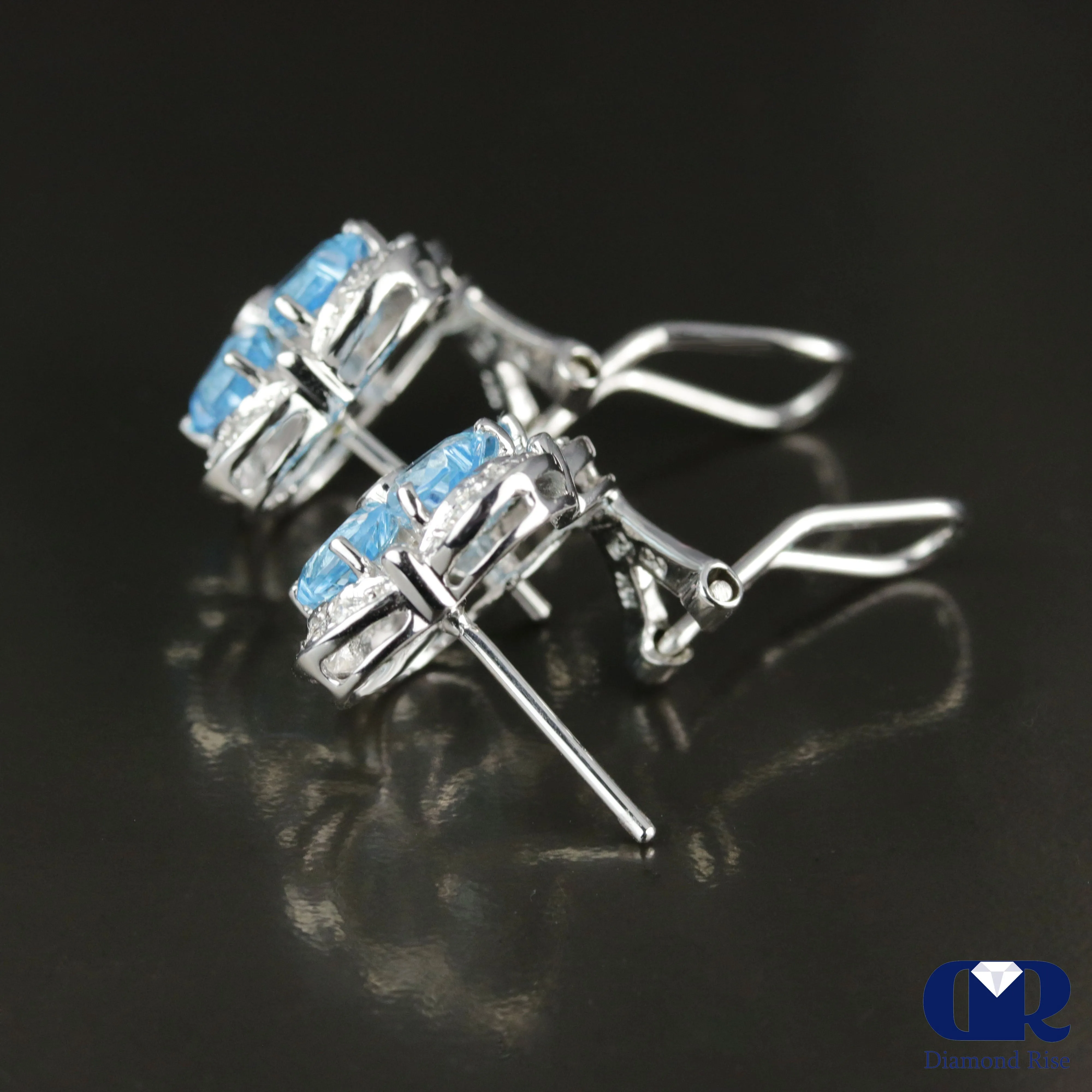 Natural Blue Topaz & Diamond Earrings In 18K Gold With Omega Back