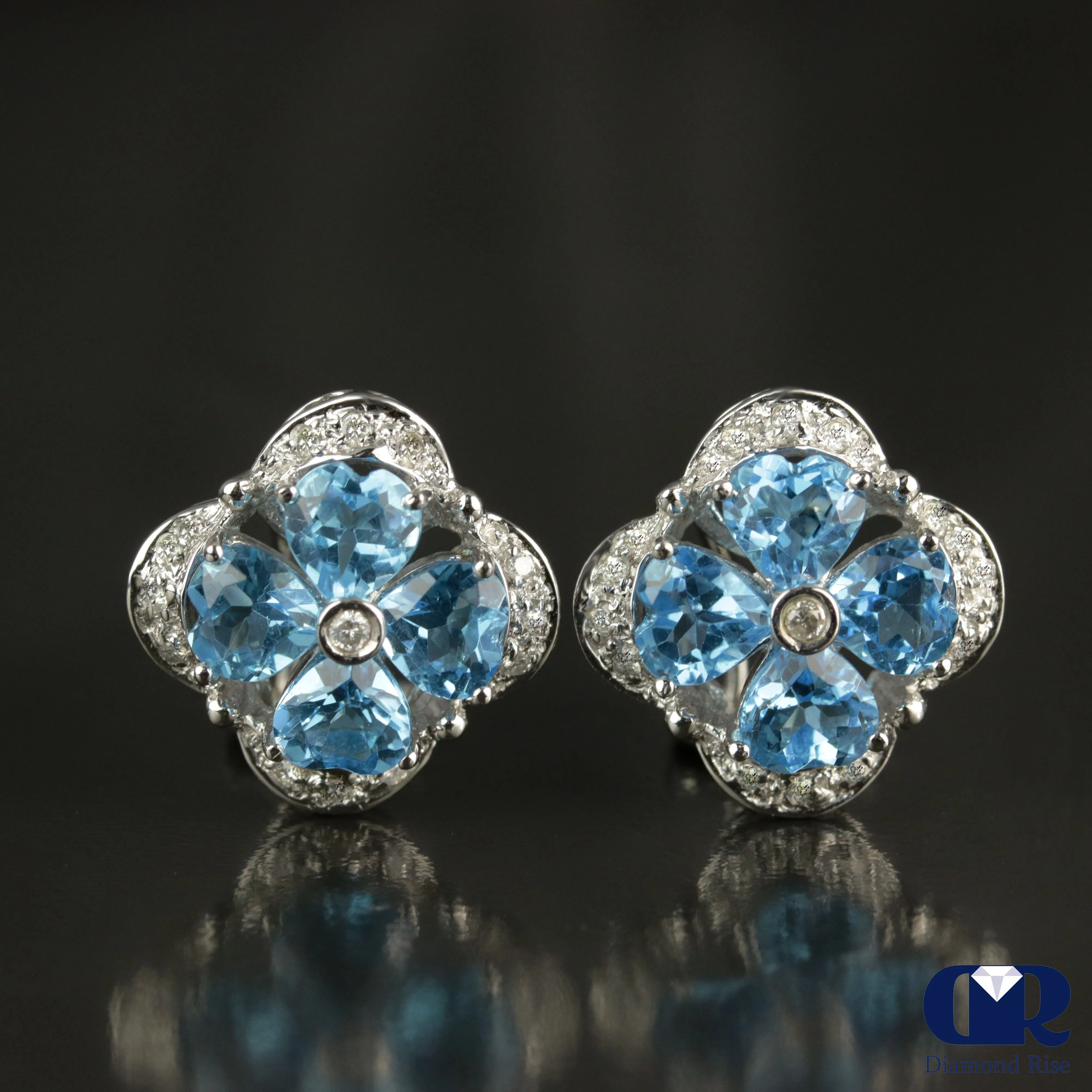 Natural Blue Topaz & Diamond Earrings In 18K Gold With Omega Back