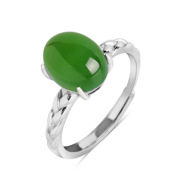 Natural Jade Ring Nephrite Silver Zircon Adjustable Ring ZNRG112