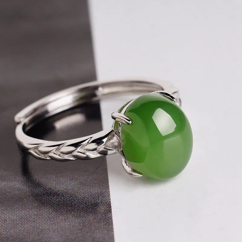 Natural Jade Ring Nephrite Silver Zircon Adjustable Ring ZNRG112