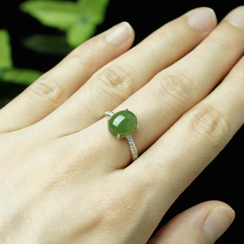 Natural Jade Ring Nephrite Silver Zircon Adjustable Ring ZNRG126