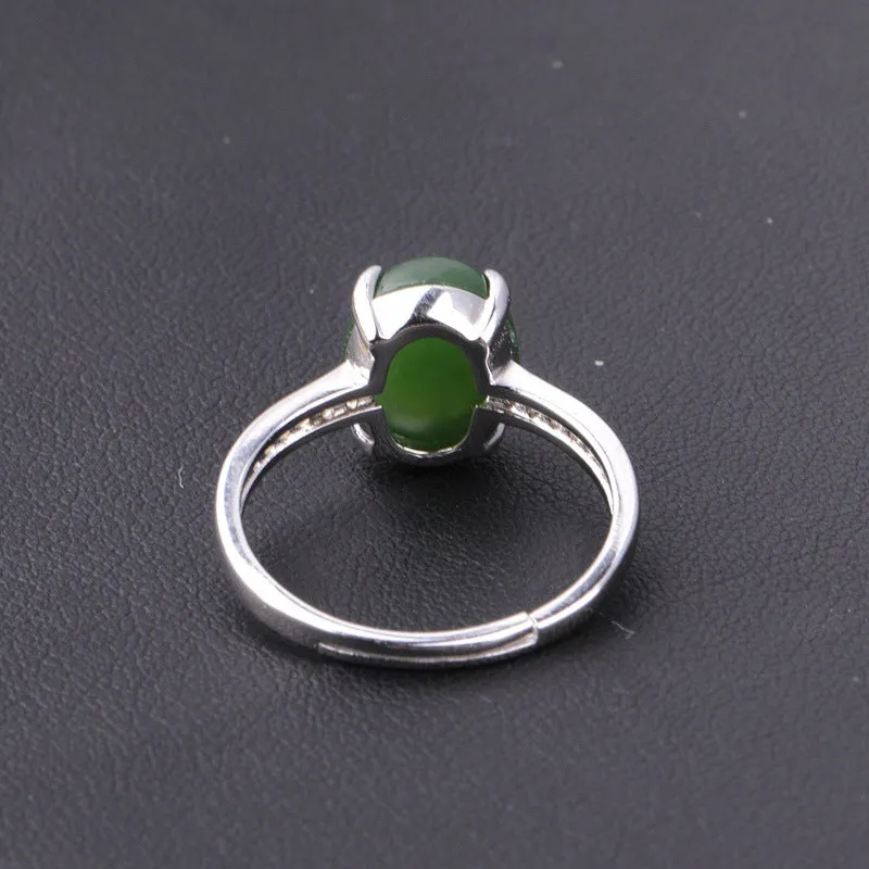 Natural Jade Ring Nephrite Silver Zircon Adjustable Ring ZNRG126