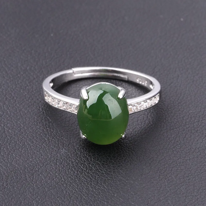 Natural Jade Ring Nephrite Silver Zircon Adjustable Ring ZNRG126