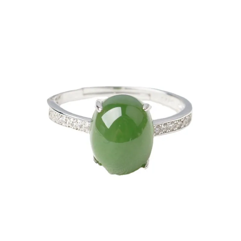 Natural Jade Ring Nephrite Silver Zircon Adjustable Ring ZNRG126