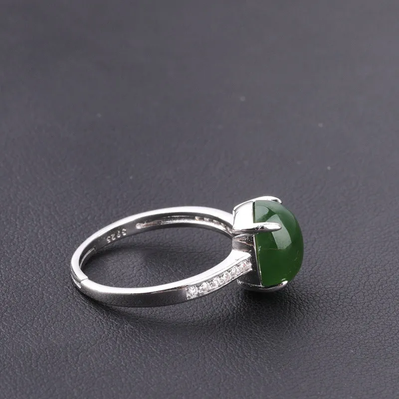 Natural Jade Ring Nephrite Silver Zircon Adjustable Ring ZNRG126