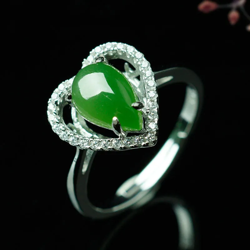 Natural Jade Ring Nephrite Silver Zircon Adjustable Ring ZNRG135