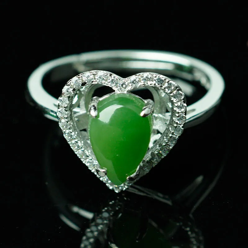 Natural Jade Ring Nephrite Silver Zircon Adjustable Ring ZNRG135