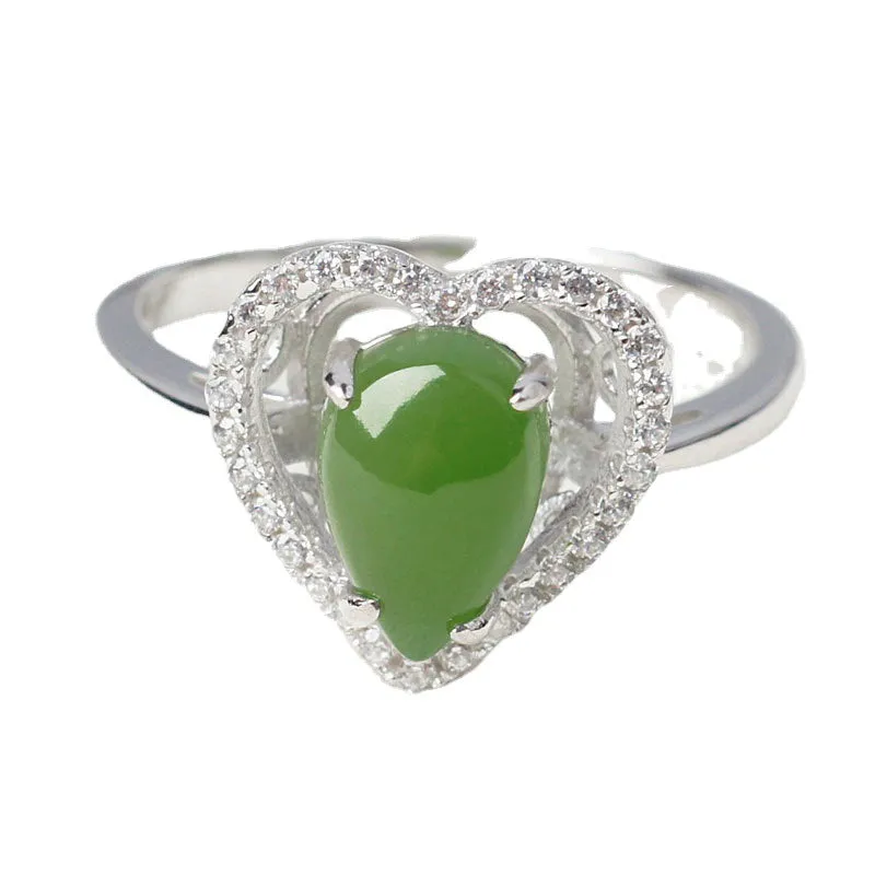 Natural Jade Ring Nephrite Silver Zircon Adjustable Ring ZNRG135