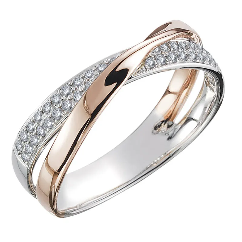 Newest Fresh Two Tone Simple Personality modern X-shaped  Female Zircon Copper Ring