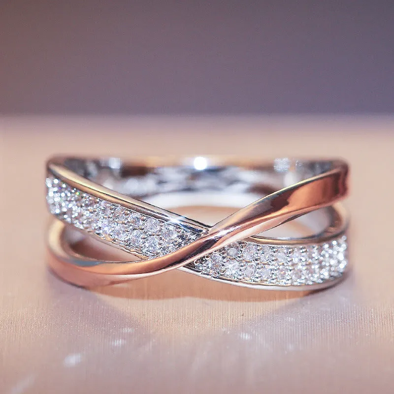 Newest Fresh Two Tone Simple Personality modern X-shaped  Female Zircon Copper Ring