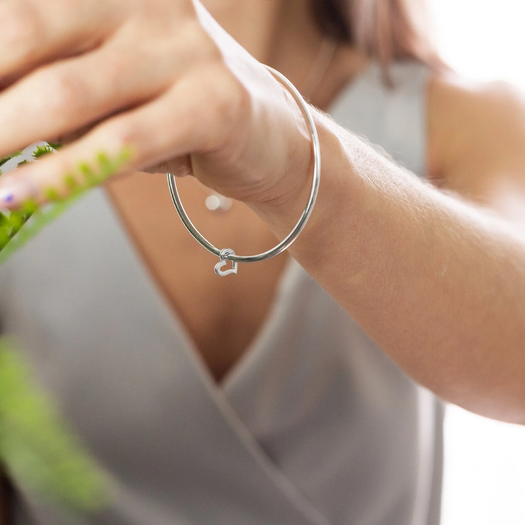 Open Heart Silver Charm Bangle