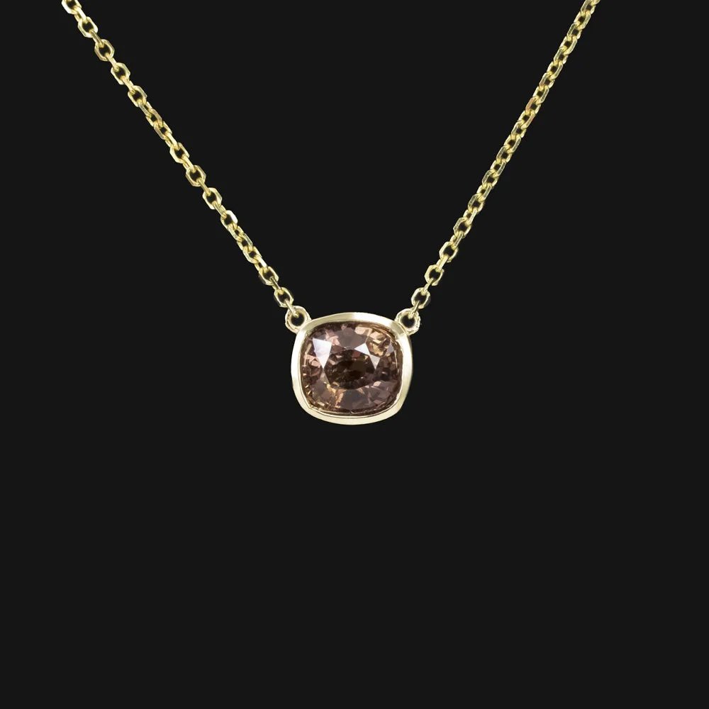 ORANGE PINK SAPPHIRE PENDANT NECKLACE CUSHION BEZEL SET 14k YELLOW GOLD NATURAL