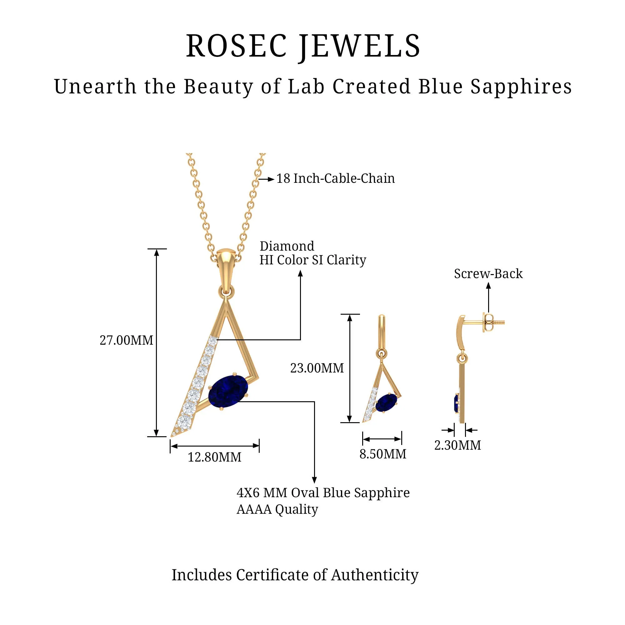 Oval Shape Created Blue Sapphire and Diamond Triangle Jewelry Set