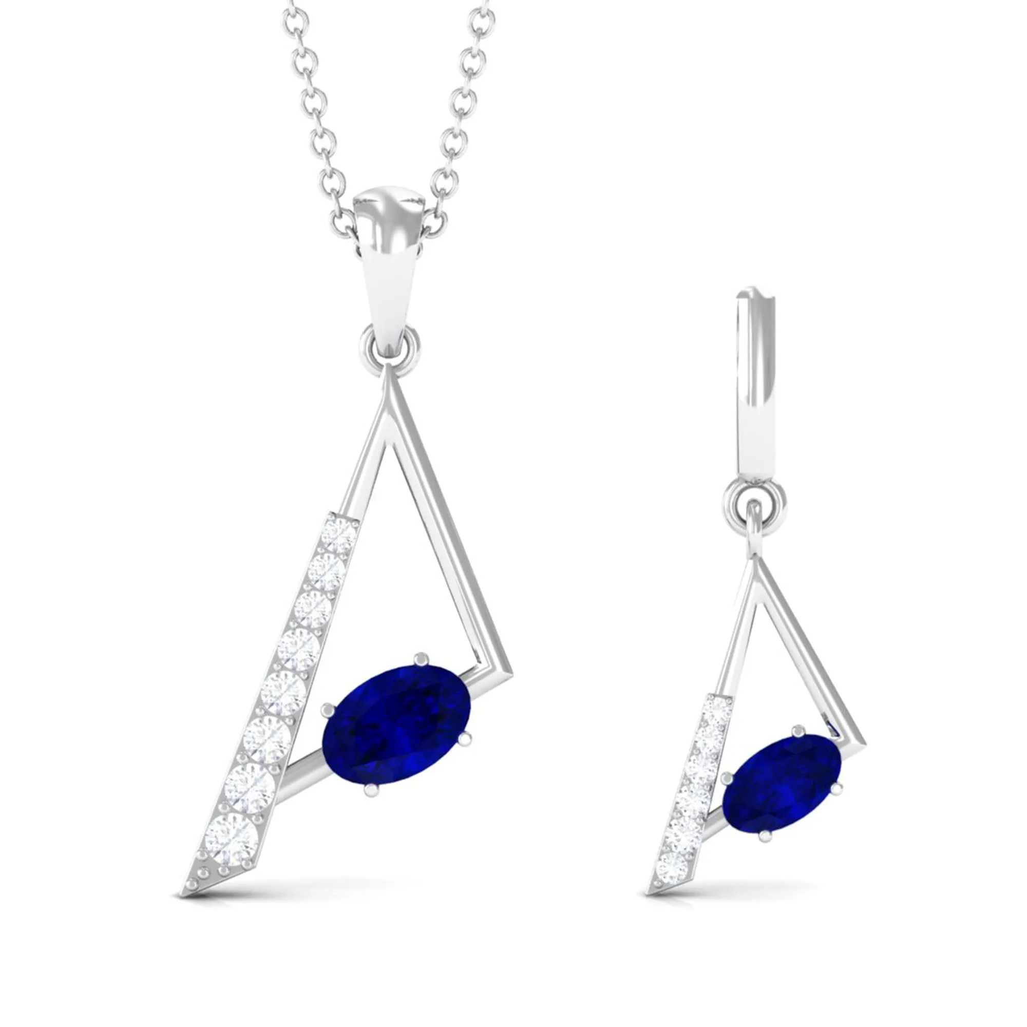 Oval Shape Created Blue Sapphire and Diamond Triangle Jewelry Set