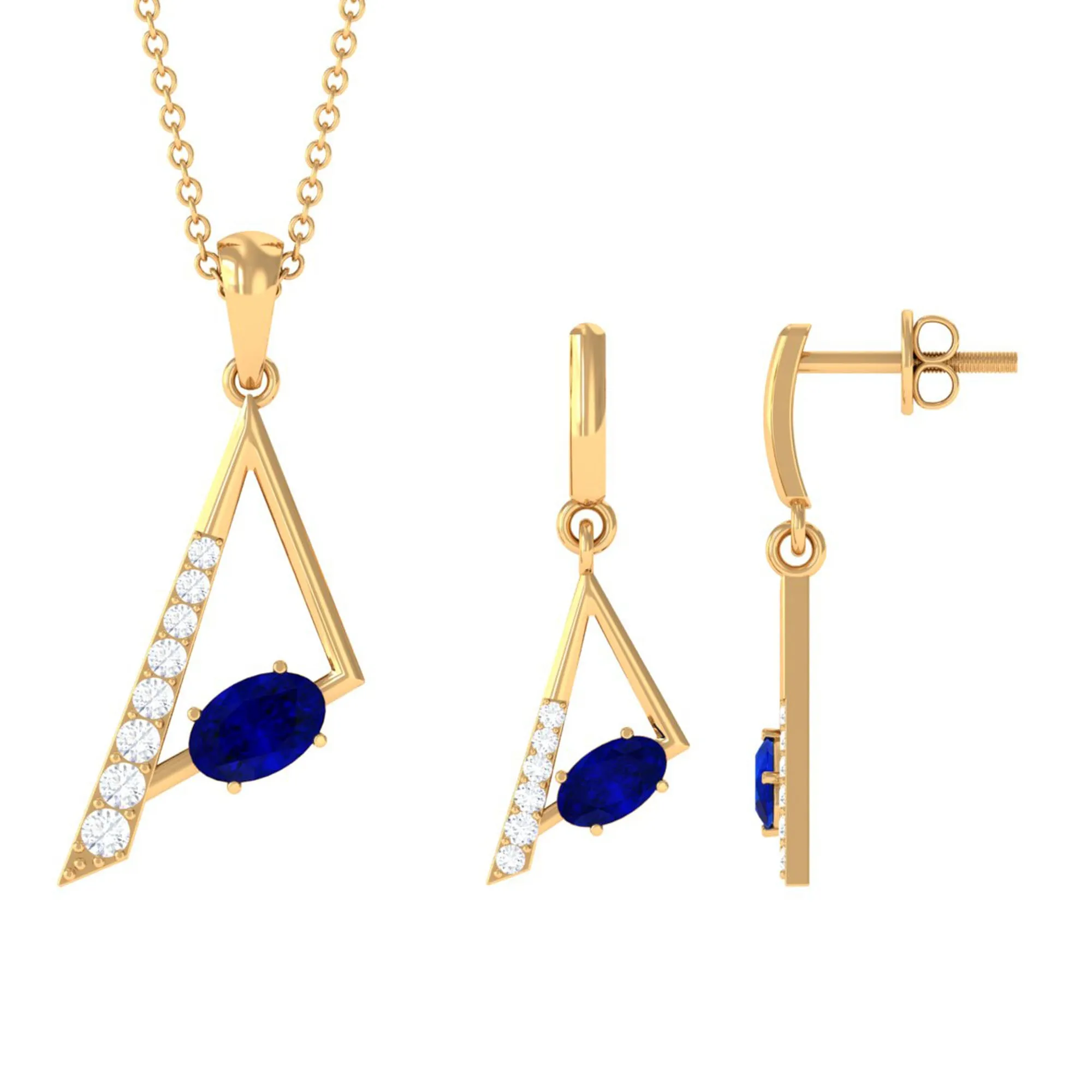 Oval Shape Created Blue Sapphire and Diamond Triangle Jewelry Set