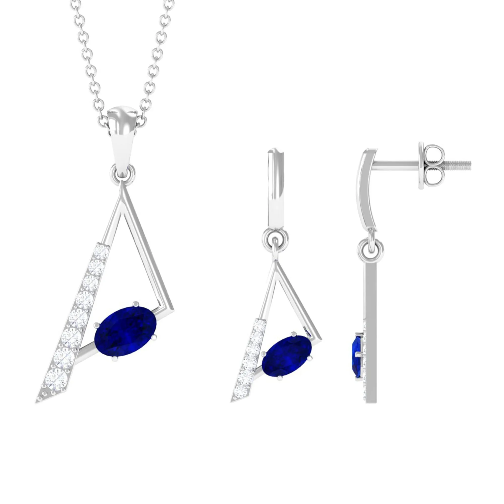 Oval Shape Created Blue Sapphire and Diamond Triangle Jewelry Set