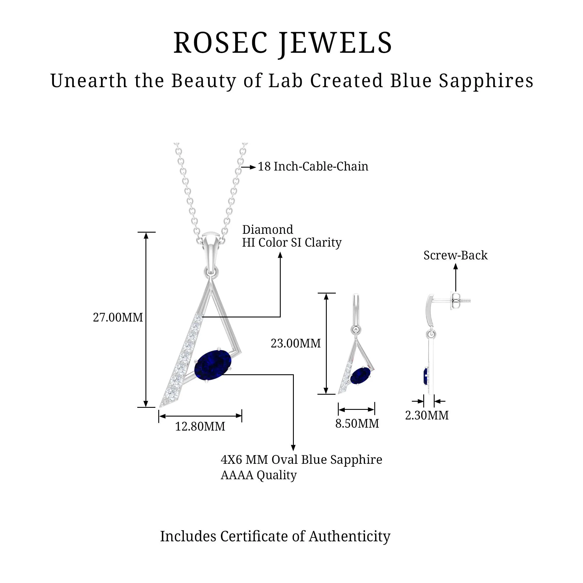 Oval Shape Created Blue Sapphire and Diamond Triangle Jewelry Set