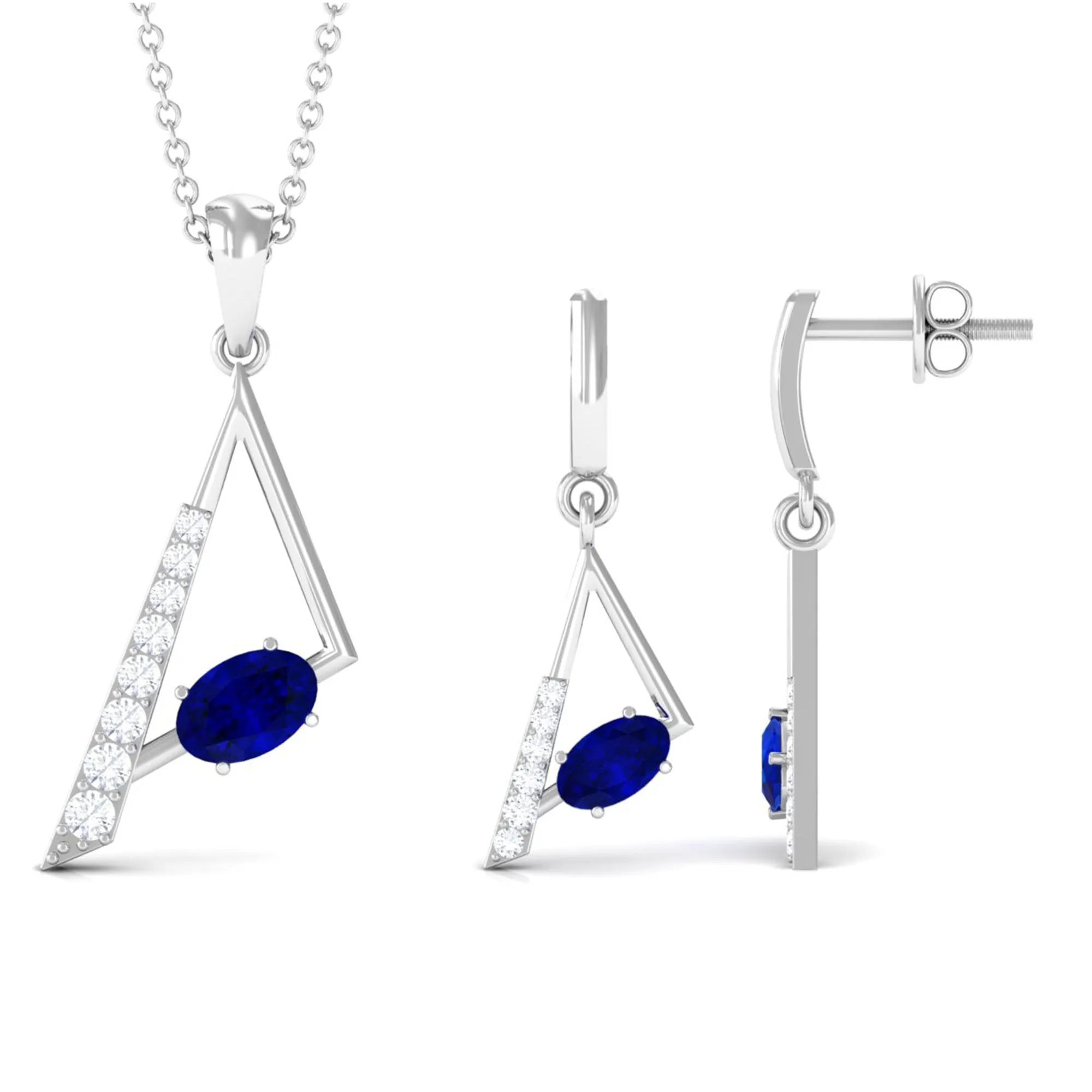 Oval Shape Created Blue Sapphire and Diamond Triangle Jewelry Set