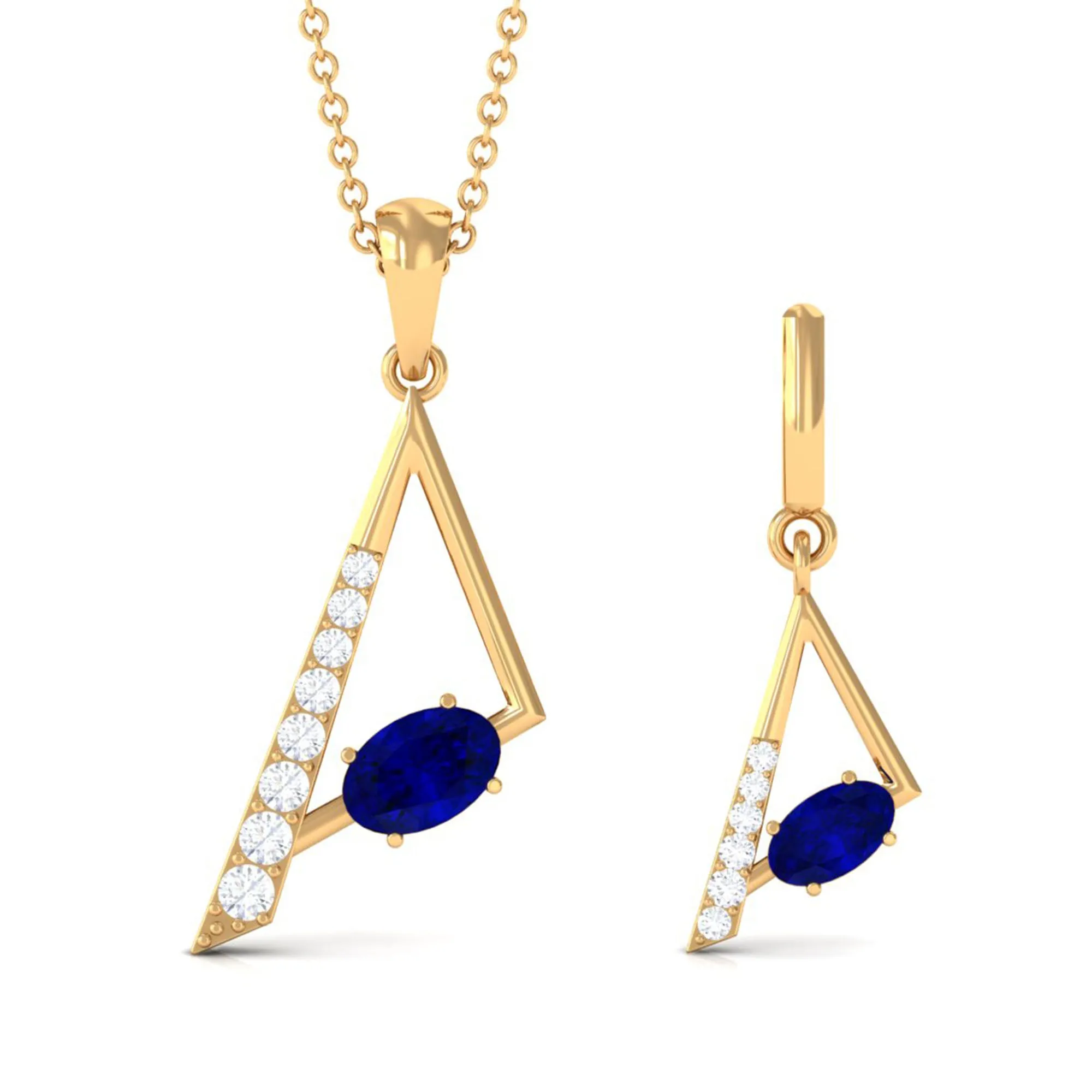 Oval Shape Created Blue Sapphire and Diamond Triangle Jewelry Set