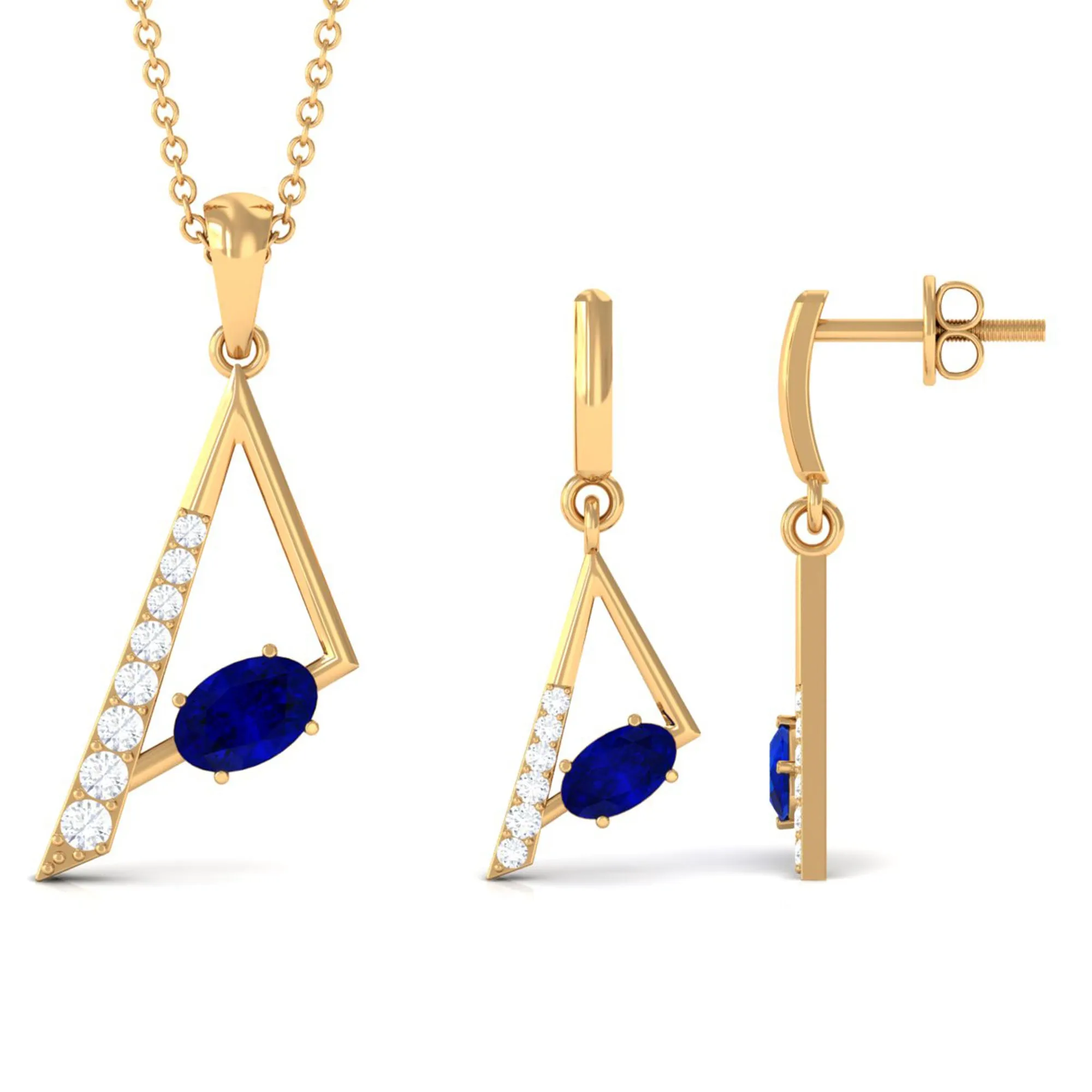 Oval Shape Created Blue Sapphire and Diamond Triangle Jewelry Set