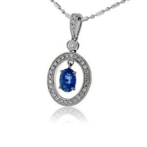 Oval Shaped Sapphire with Diamond Halo Pendant