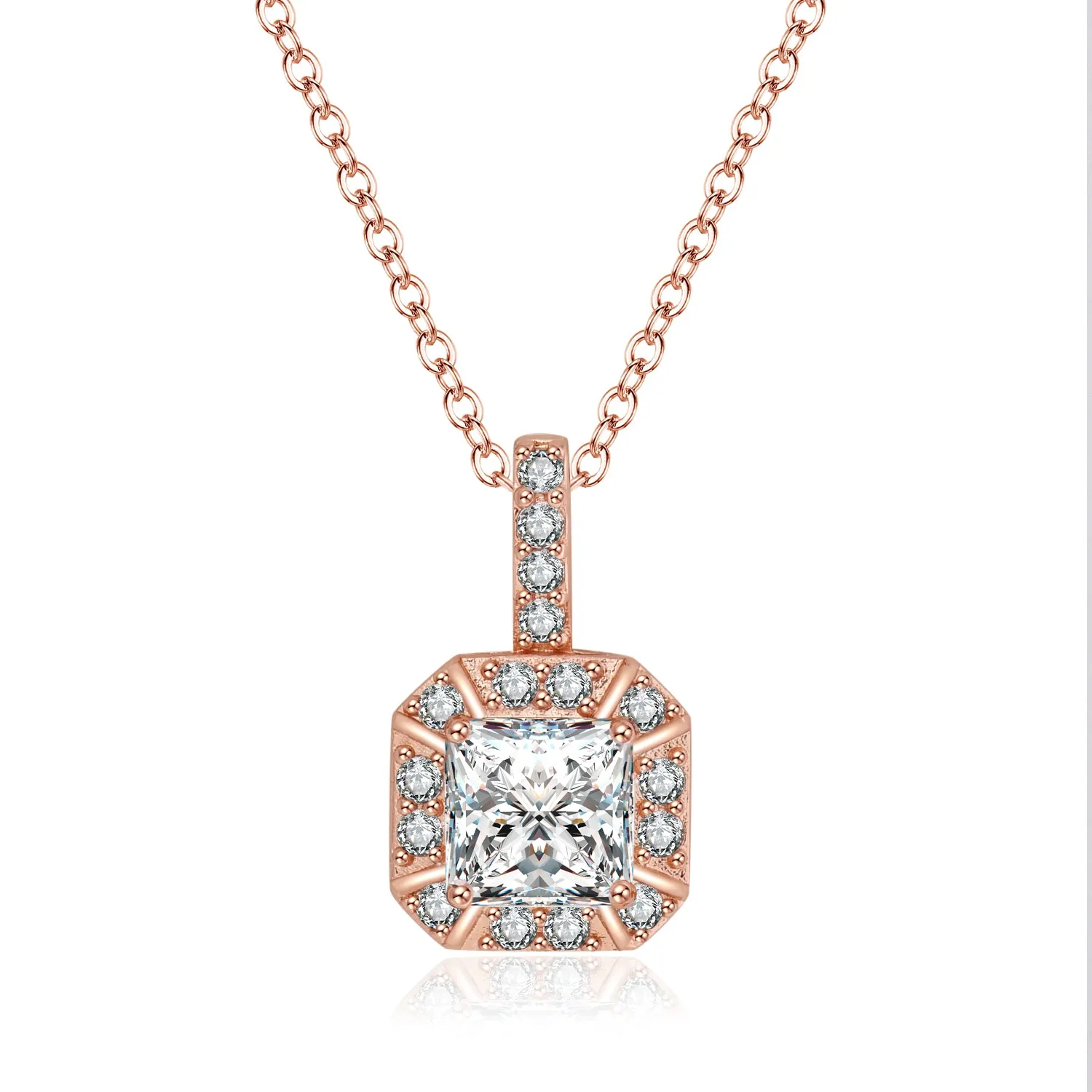 Paris Jewelry 18K Rose Gold 1ct Halo White Sapphire Square 18 Inch Necklace Plated