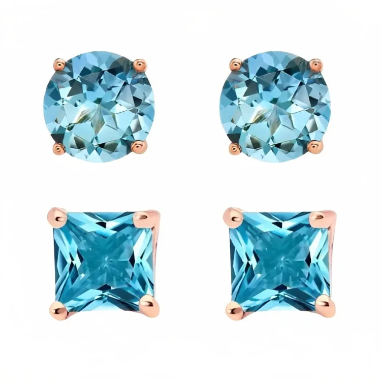 Paris Jewelry 18k Rose Gold 2 Pair Created Blue Topaz 4mm, 6mm Round & Princess Cut Stud Earrings Plated