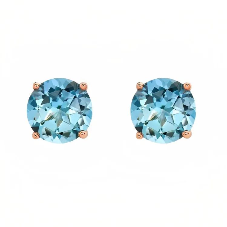 Paris Jewelry 18k Rose Gold 2 Pair Created Blue Topaz 4mm, 6mm Round & Princess Cut Stud Earrings Plated