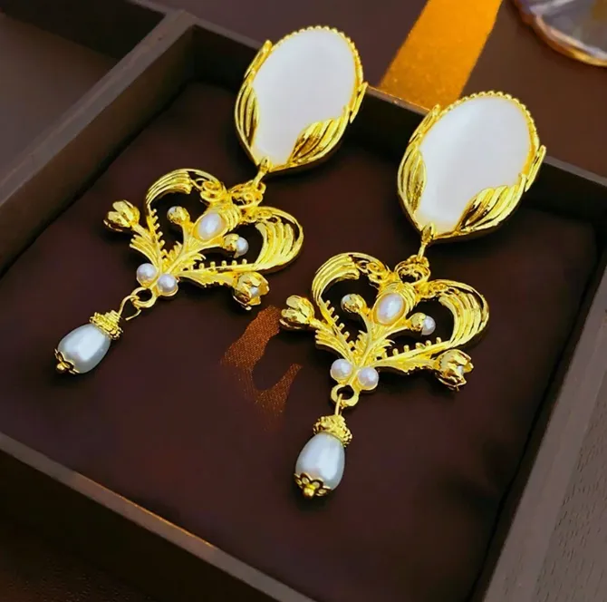 Pre Order:  Oval Plate Pearl Chandelier Earrings