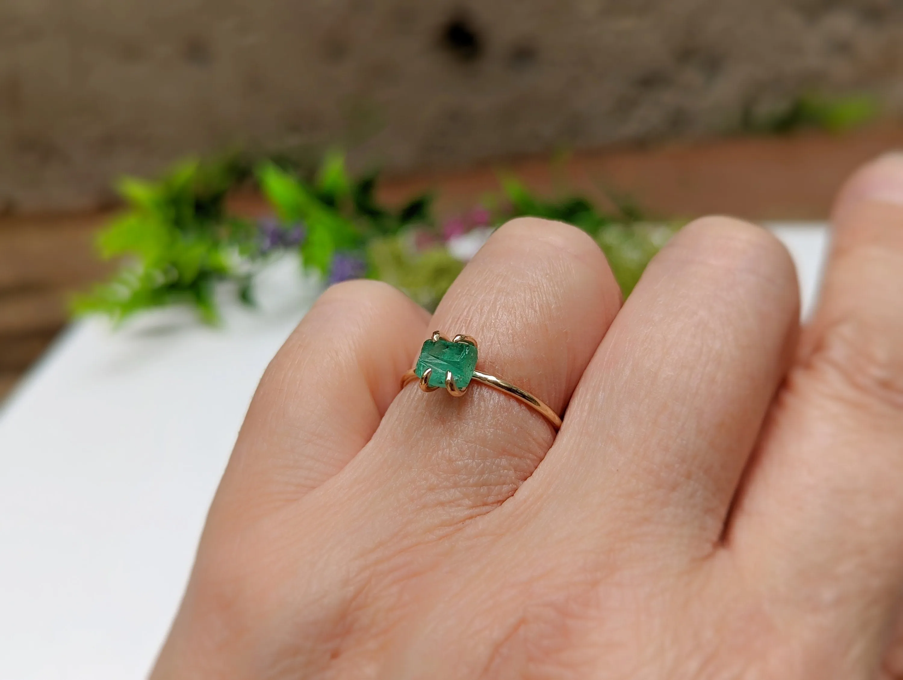 Raw Emerald solitaire ring in Solid 14k Gold