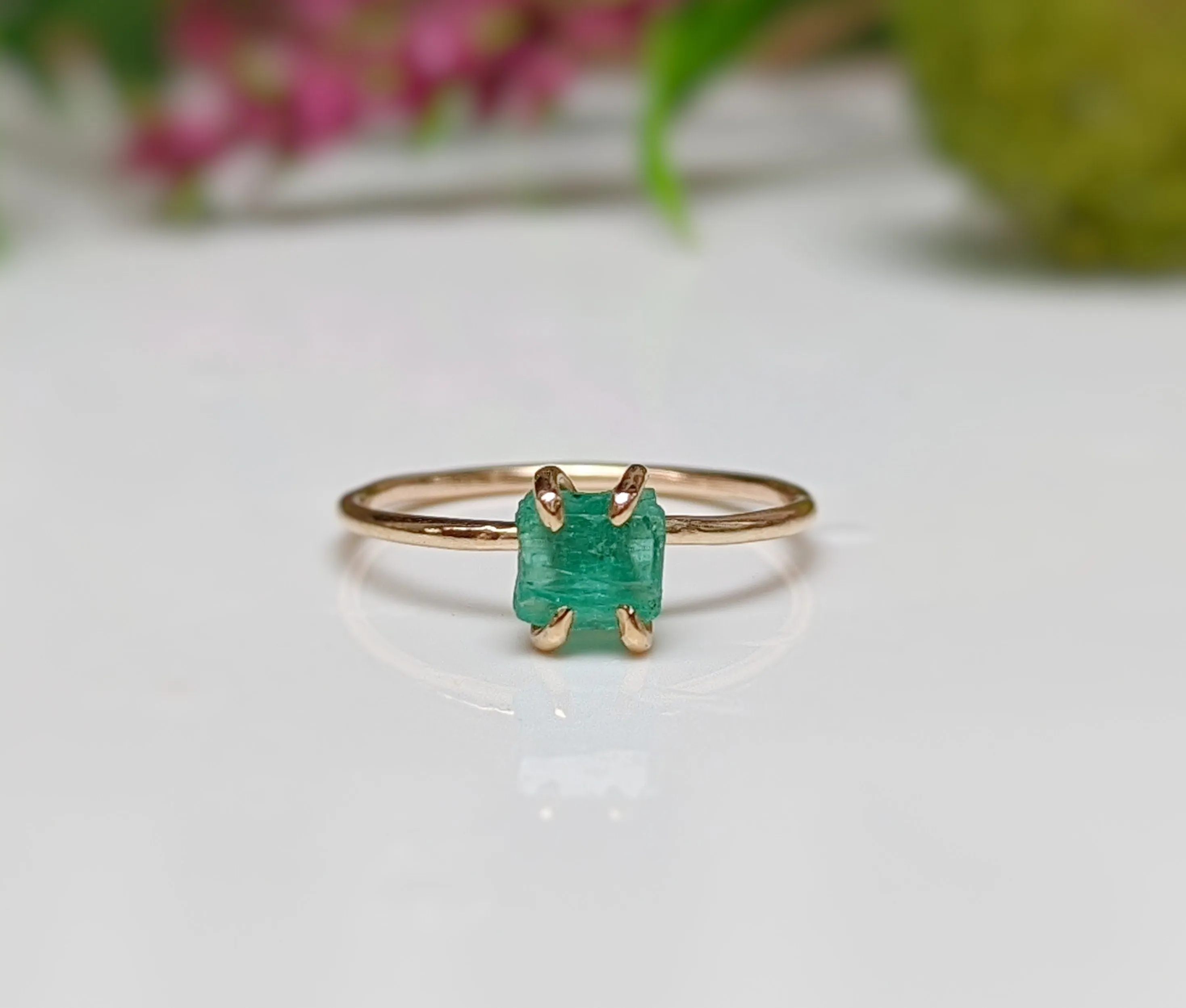 Raw Emerald solitaire ring in Solid 14k Gold