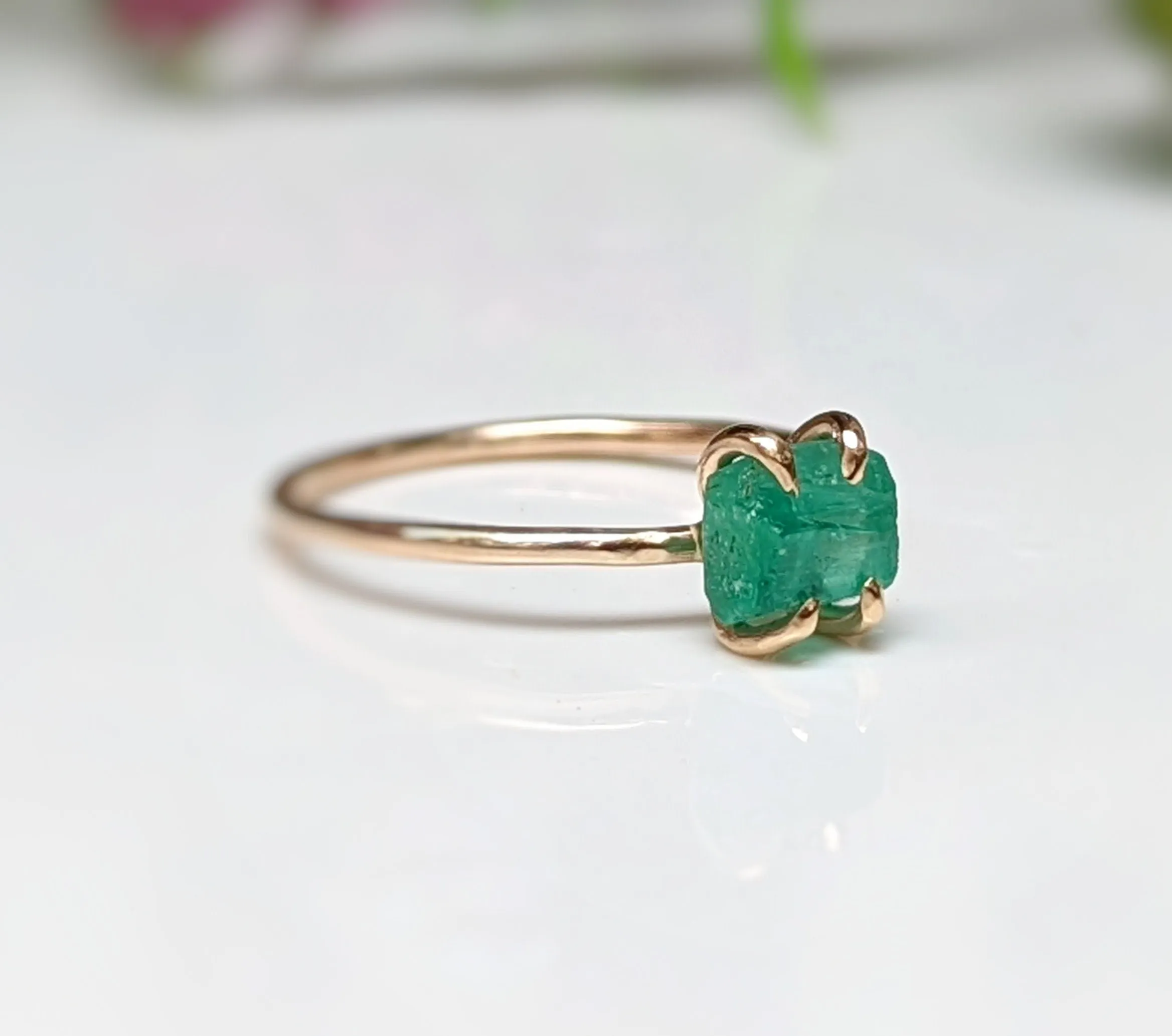 Raw Emerald solitaire ring in Solid 14k Gold