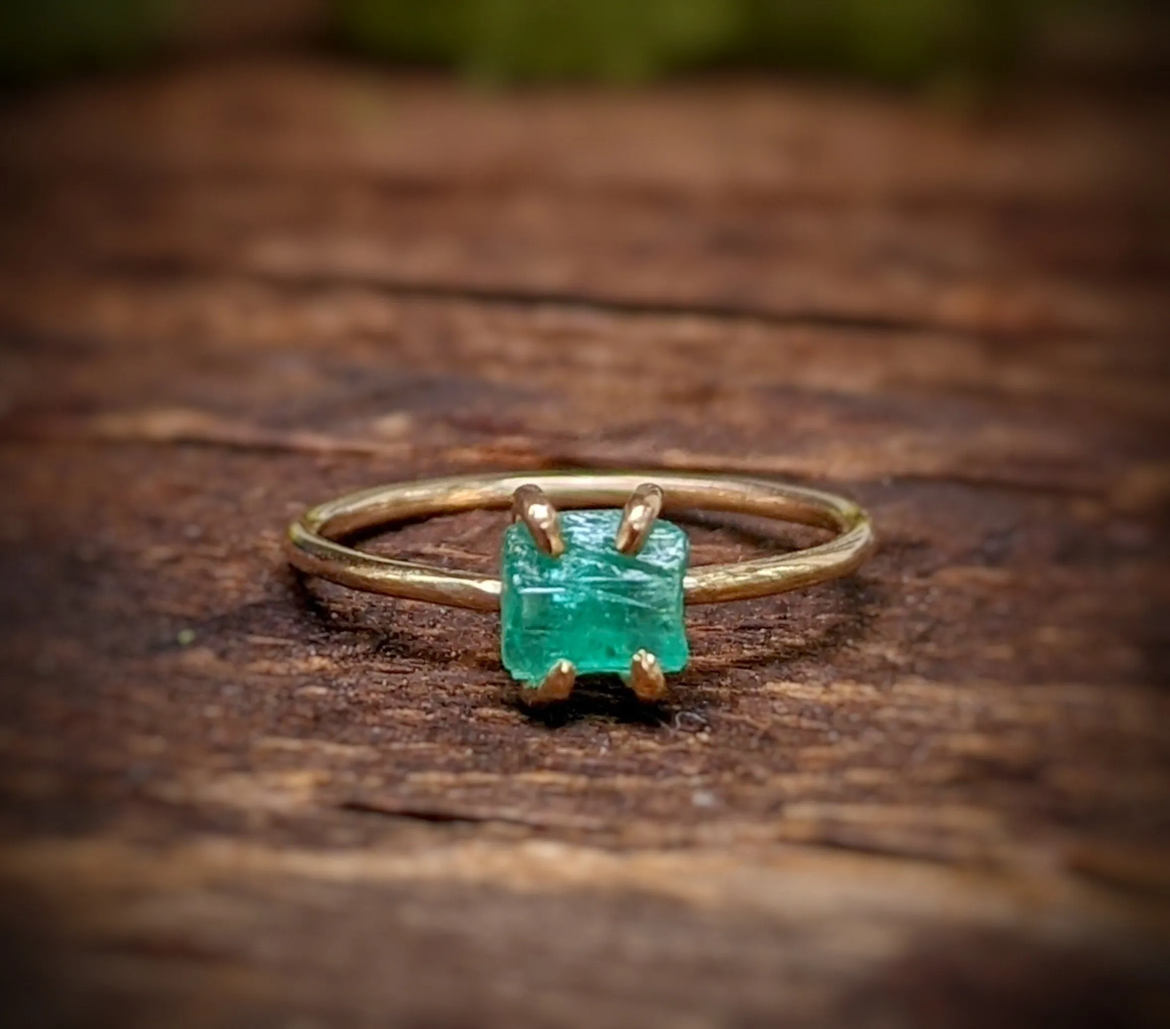 Raw Emerald solitaire ring in Solid 14k Gold