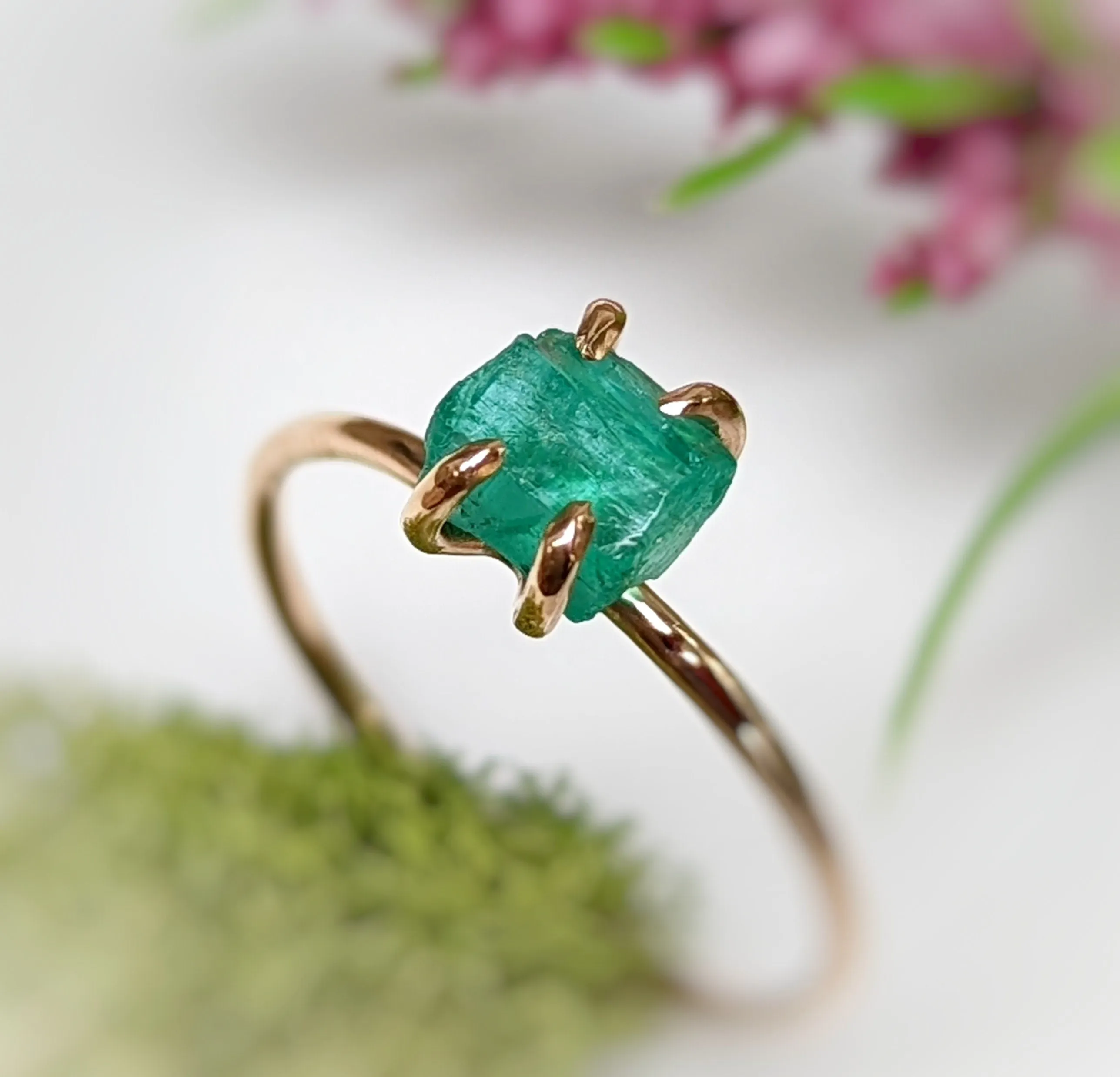 Raw Emerald solitaire ring in Solid 14k Gold