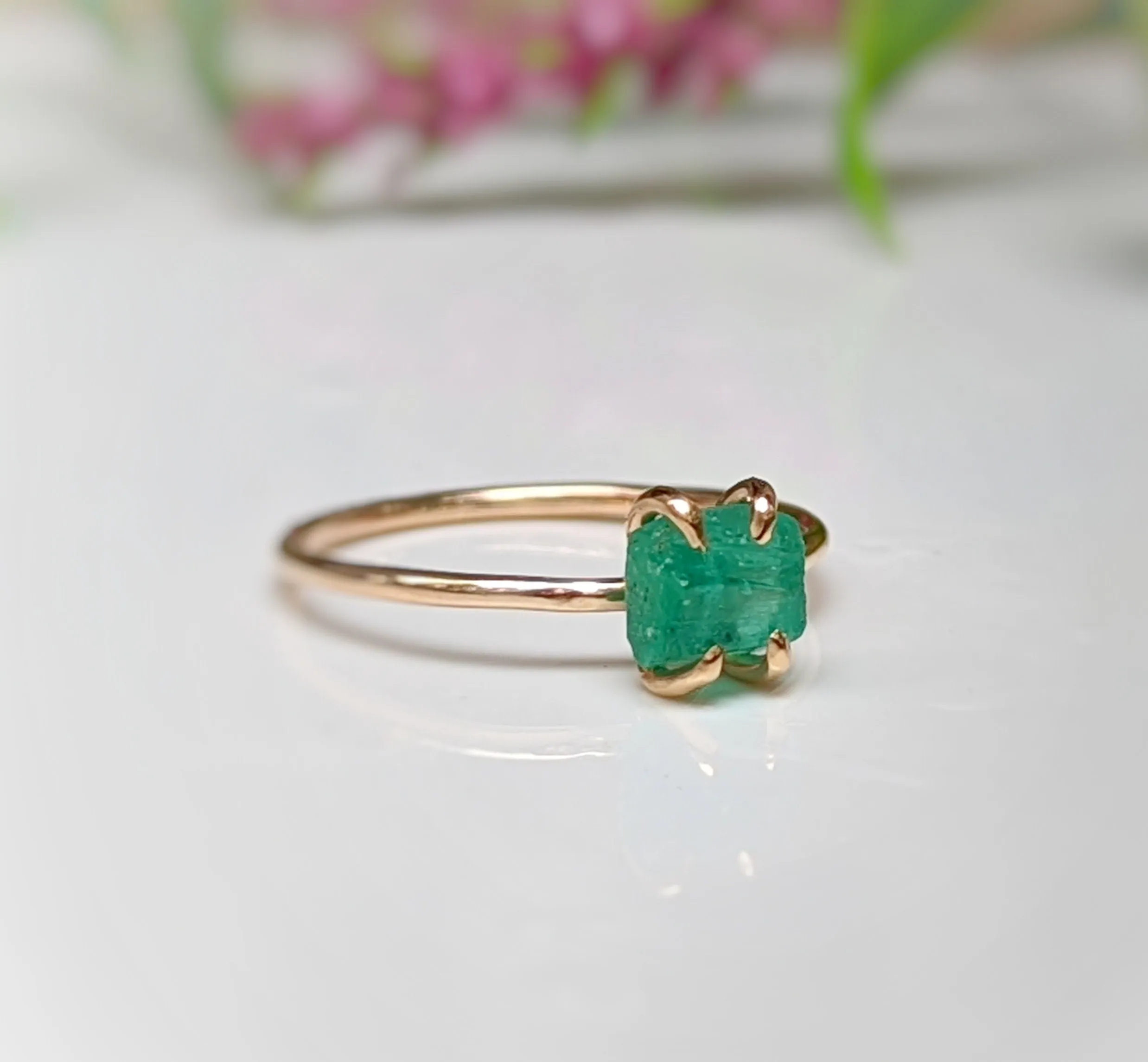 Raw Emerald solitaire ring in Solid 14k Gold