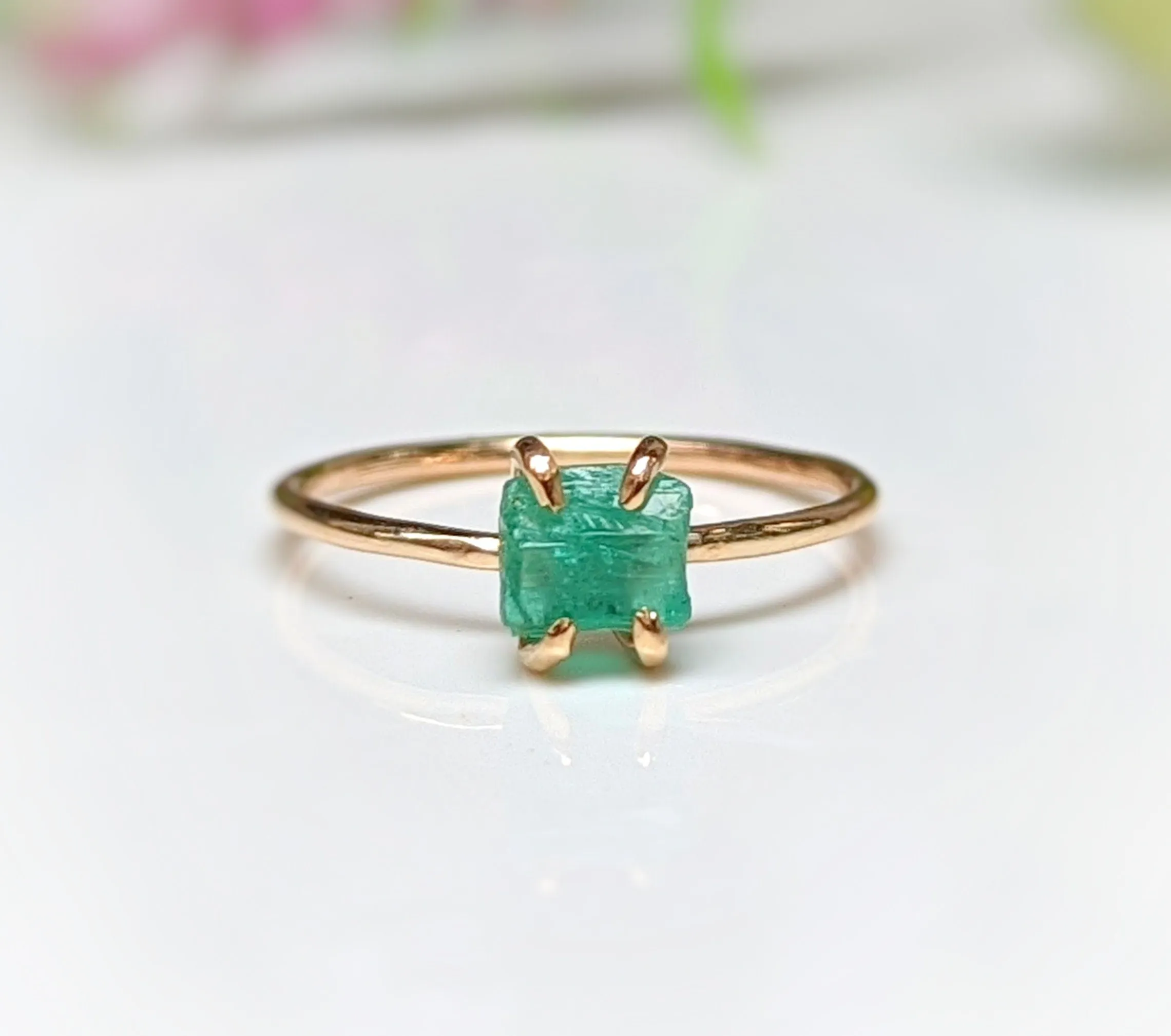 Raw Emerald solitaire ring in Solid 14k Gold